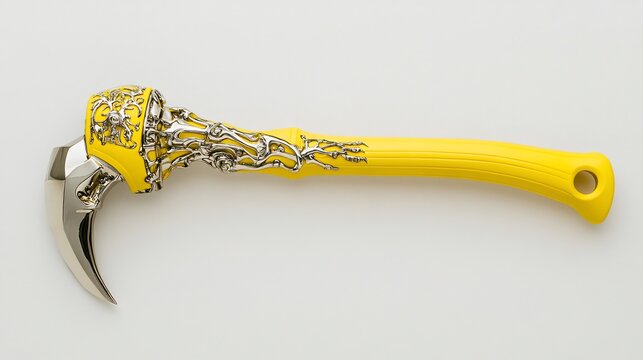 Ornate yellow-handled tool with silver detailing, a curved blade and skull-like head