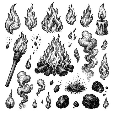 Fire flames torch and campfire engraving set