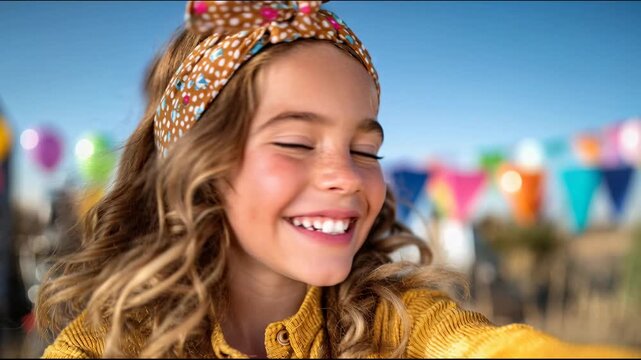 Child smiles widely while taking a selfie during a festive outdoor gathering with colorful decorations in the background