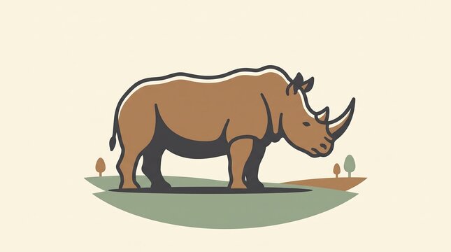 Minimalist illustration of a brown rhinoceros standing in a grassy landscape.