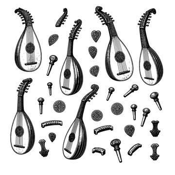 Ornate lute instruments and parts engraving set