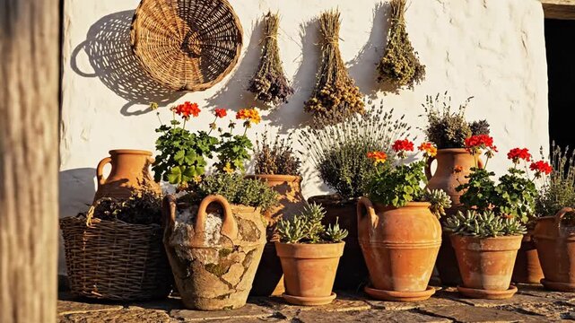 Traditional rustic patio featuring potted flowers and dried herbs on wall