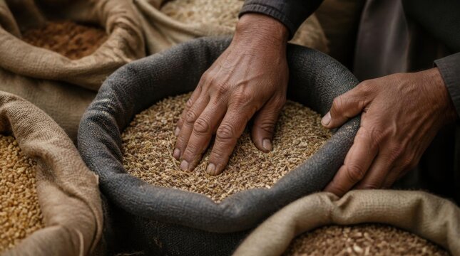Hands Working with Grain in Burlap Bins at Dusty Farm Market