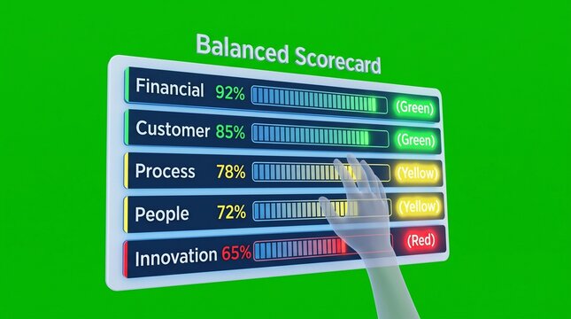 Hand interacting with a digital balanced scorecard dashboard for business performance analysis