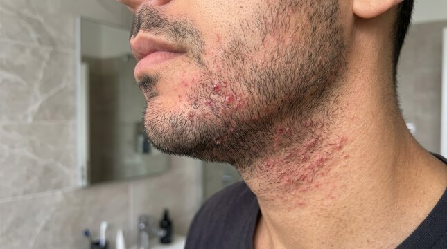 Close up view of a man with severe skin irritation and razor burn on his neck