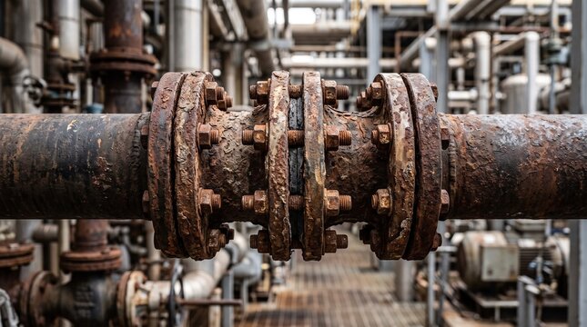 Rusty industrial pipe flange connection in chemical processing plant.