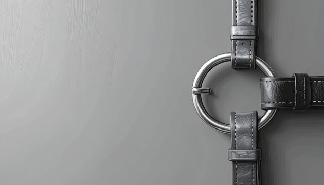 Close up of metal ring and leather straps on wall.