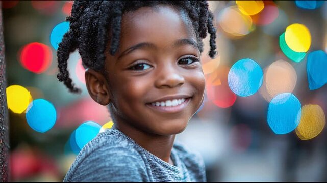 Smiling child with curly hair in front of colorful lights during an evening event