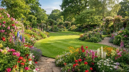 Obraz premium Beautiful lush summer garden with a vibrant flower bed and a well maintained green grass lawn