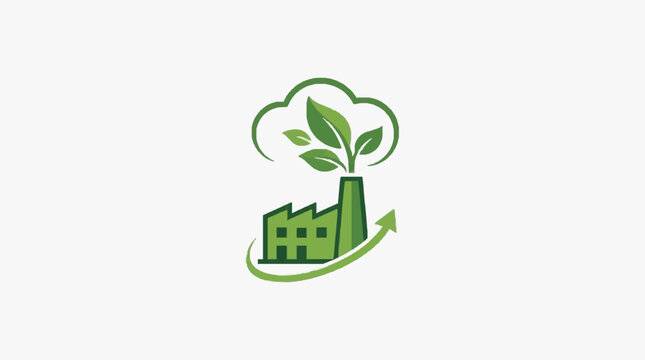 Corporate Eco Friendly Logo Design Featuring Green Factory with Plant Growing from Chimney and Cloud Minimalist Style