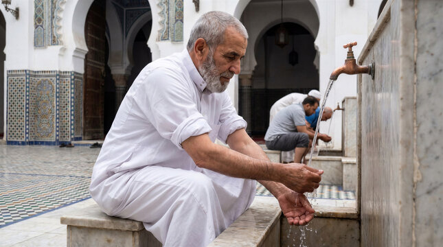 Muslim man performing ritual ablution before prayer at a mosque
