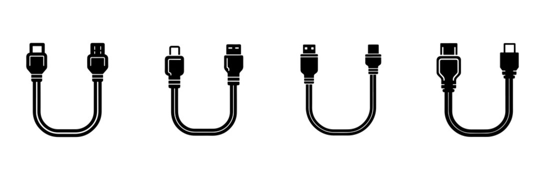  USB cable types with different connectors shown in black and white vector style