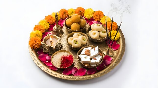 Traditional indian festival thali with sweets, diya, incense sticks, and marigold flowers isolated on white background