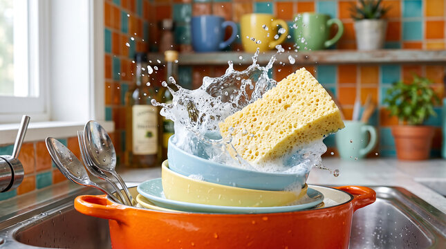 Person hand washing ceramic plates in a soapy orange pot inside a colorful kitchen with cleaning domestic housework countertop interior lifestyle sanitary scouring