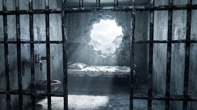 Old prison cell with heavy iron bars and a big hole in the back concrete wall revealing bright sunlight outside sunlight concrete security confinement detention