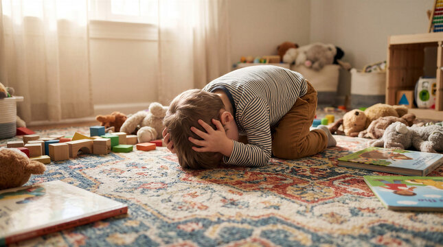 Distressed child holding head in hands sitting on floor with scattered toys in a room