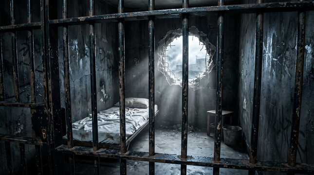 Grungy prison cell with dirty bed, bucket, stool and hole in wall showing light, dark, metal bars, confinement.