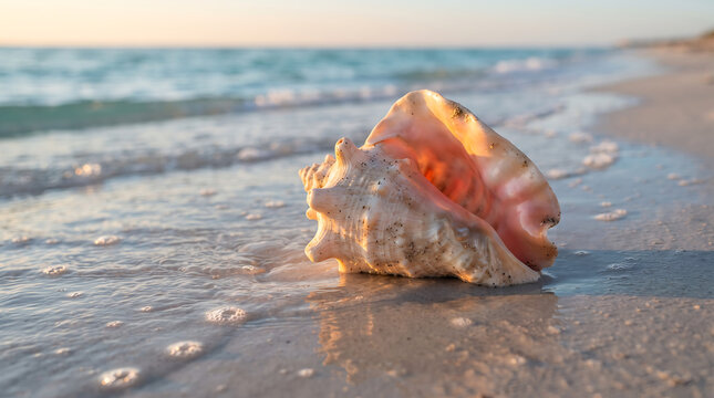 Large conch shell lying on sandy beach shore with gentle ocean waves at sunset beautiful tropical sea landscape nature background summer vacation travel concept image.