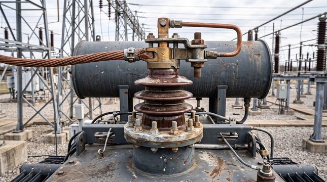 High voltage electrical transformer component in power substation facility.