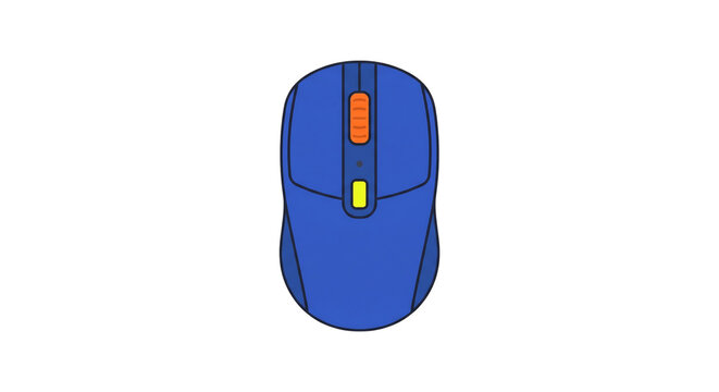 Blue Wireless Computer Mouse Illustration with Orange Scroll Wheel and Yellow Button for Office Productivity and Tech Use