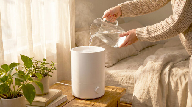 Woman pouring fresh water into an ultrasonic air humidifier at home