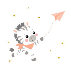 Naklejka premium Cute Zebra Flying a Paper Airplane