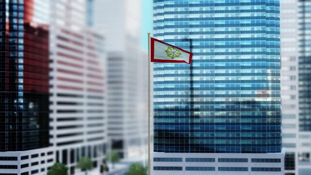 Sikkim Flag 3D Render Animation Waving in Front of Modern Glass Buildings - Daytime