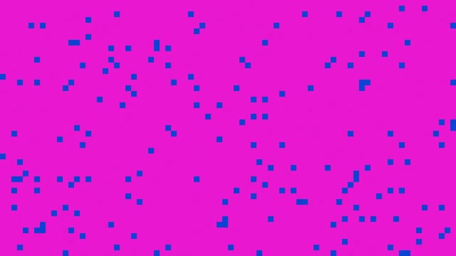 Seamless looping motion graphic of small blue pixel squares appearing and shifting at random across a flat hot pink grid, in a retro 8 bit video game style.