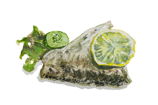 Sea Bass Steak with Lime and Vegetables Watercolor Illustration