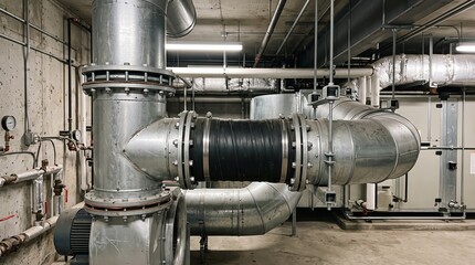 Naklejka premium Industrial metal ventilation ducting in a commercial building basement.
