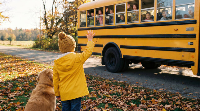 Little child waving goodbye to a yellow school bus outdoors
