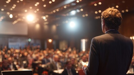 Naklejka premium Professional male speaker in a dark suit delivers an engaging presentation on stage with warm golden lights and blurred atmosphere