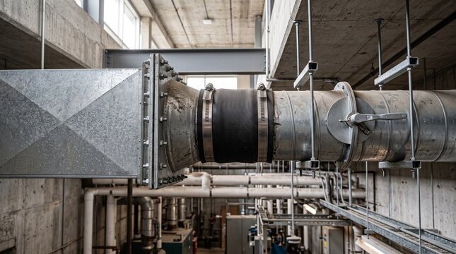 Industrial ventilation ductwork system in a modern building facility.