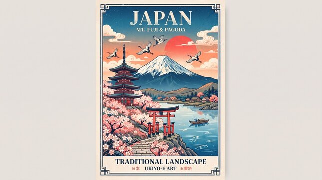 Vintage japan travel poster design depicts mount fuji and pagoda with cherry blossoms.