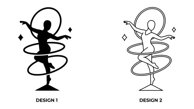 Hula Hoop Dancer Silhouette: Two stylized illustrations of a dancer performing with hula hoops, one in silhouette and the other as a line drawing, suggesting movement and grace.