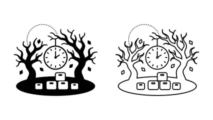 Fototapeta premium Autumn Time Capsule: Two stylized scenes depict a clock suspended between bare trees, with fallen leaves scattered around stacked cubes.