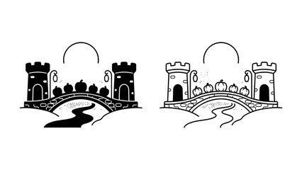 Fototapeta premium Castle Bridge with River and Moon: Two stylized illustrations depict a charming castle bridge with decorative elements and a winding river below, under a serene moon.