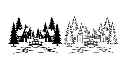 Obraz premium Winter Village Scene: A charming illustration depicts a cozy village nestled amongst snow-laden pine trees, with a frozen river flowing through its heart.