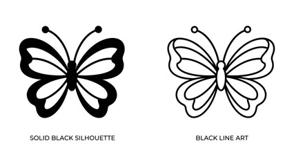 Fototapeta premium Two Butterfly Silhouettes: A solid black silhouette and a black line art illustration of a butterfly, showcasing elegant symmetry and delicate wing patterns.