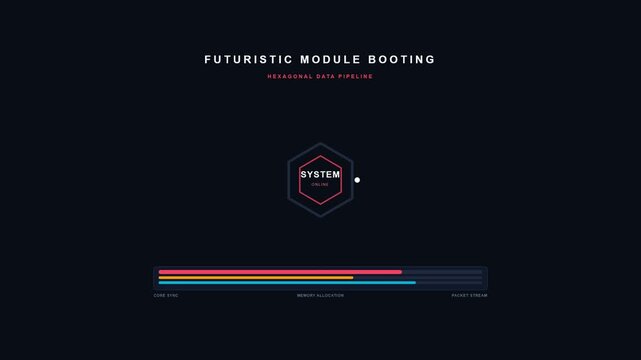 Futuristic system booting HUD dashboard UI element with hexagonal data pipeline and glowing multi-color progress bar loading animation template