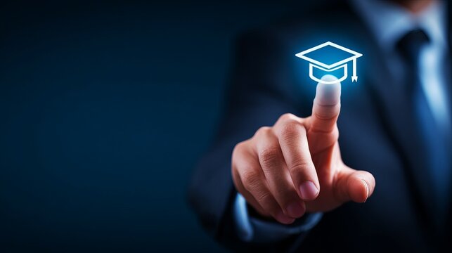 Professional businessman touching glowing graduation cap icon representing online learning platforms, digital degrees, academic advancement, virtual scholarship, and futuristic education programs