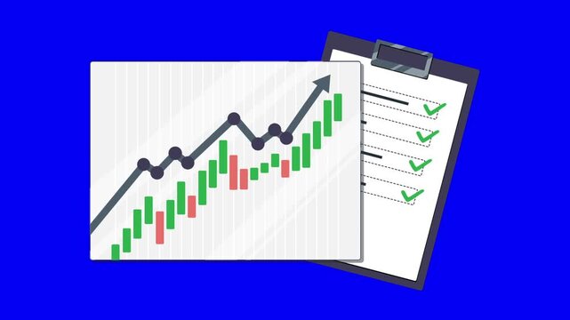 Financial Growth Candlestick Chart and Checklist Clipboard on Blue Screen Animation