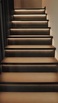 Vertical video. Warm illuminated stair steps with built-in lighting in a modern interior design.