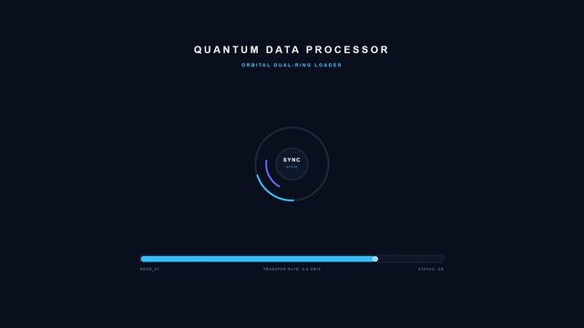 Quantum data processor dashboard loading screen with orbital dual-ring circular progress bar and futuristic dark mode HUD interface animation