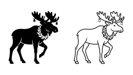 Fototapeta premium Moose with Wreath and Bells: A stylized illustration of a moose, depicted in both black silhouette and line art, adorned with a laurel wreath and festive bells.