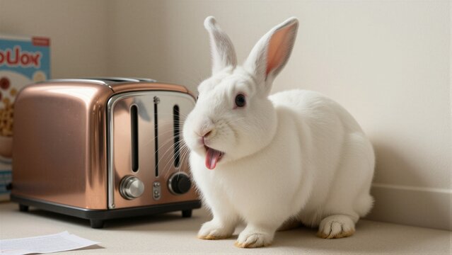 A white domestic rabbit sits calmly on a light beige carpet, tongue out, amidst a domestic setting with a copper toaster and box of cereal.