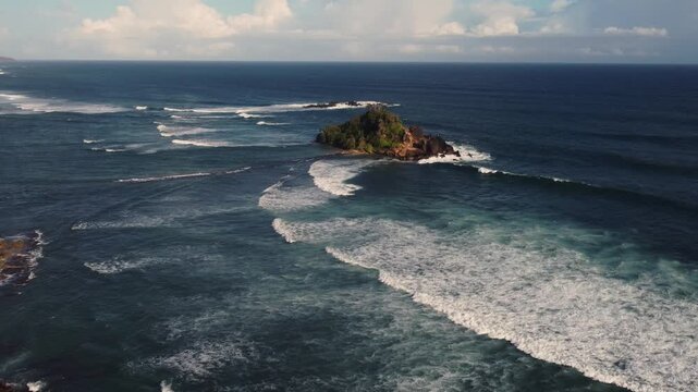 Sion Rock Island Near Ahangama, Southern Coast of Sri Lanka &mdash; Popular Tourist Destination, 4K Drone Aerial View