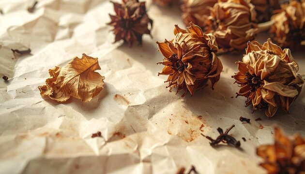 Dried Sweetgum Seed Pods on Crumpled Paper Background.