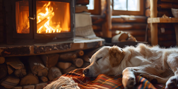 Golden retriever sleeps peacefully by a warm fire in a rustic cabin.