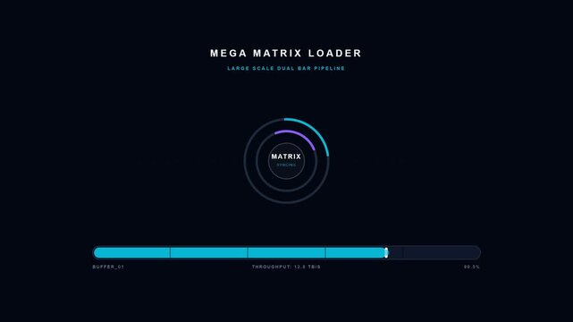 Mega matrix data throughput loading screen with large dual-ring circular progress bar for dark mode tech dashboard HUD user interface template